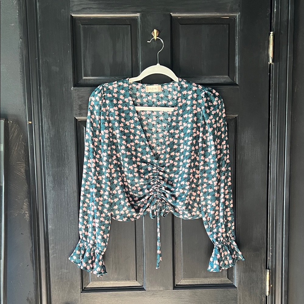 Altar'd State Floral Ruched Blouse - Teal and Pink
